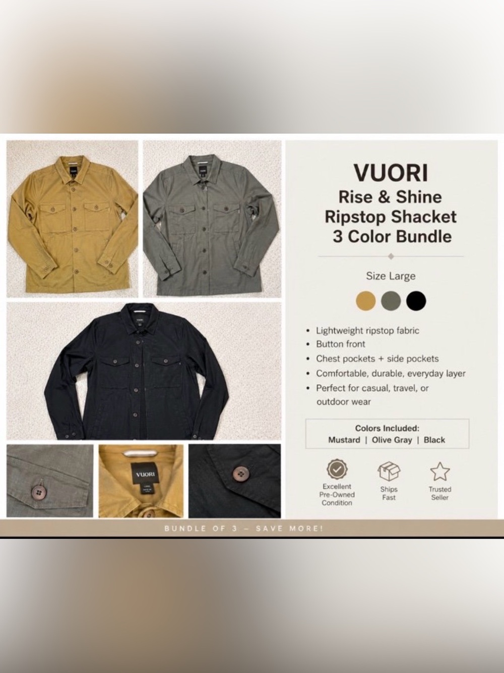 Vuori 3-Pack Rise & Shine Ripstop Shackets Large—Mustard Tan,Oregano Olive,Black